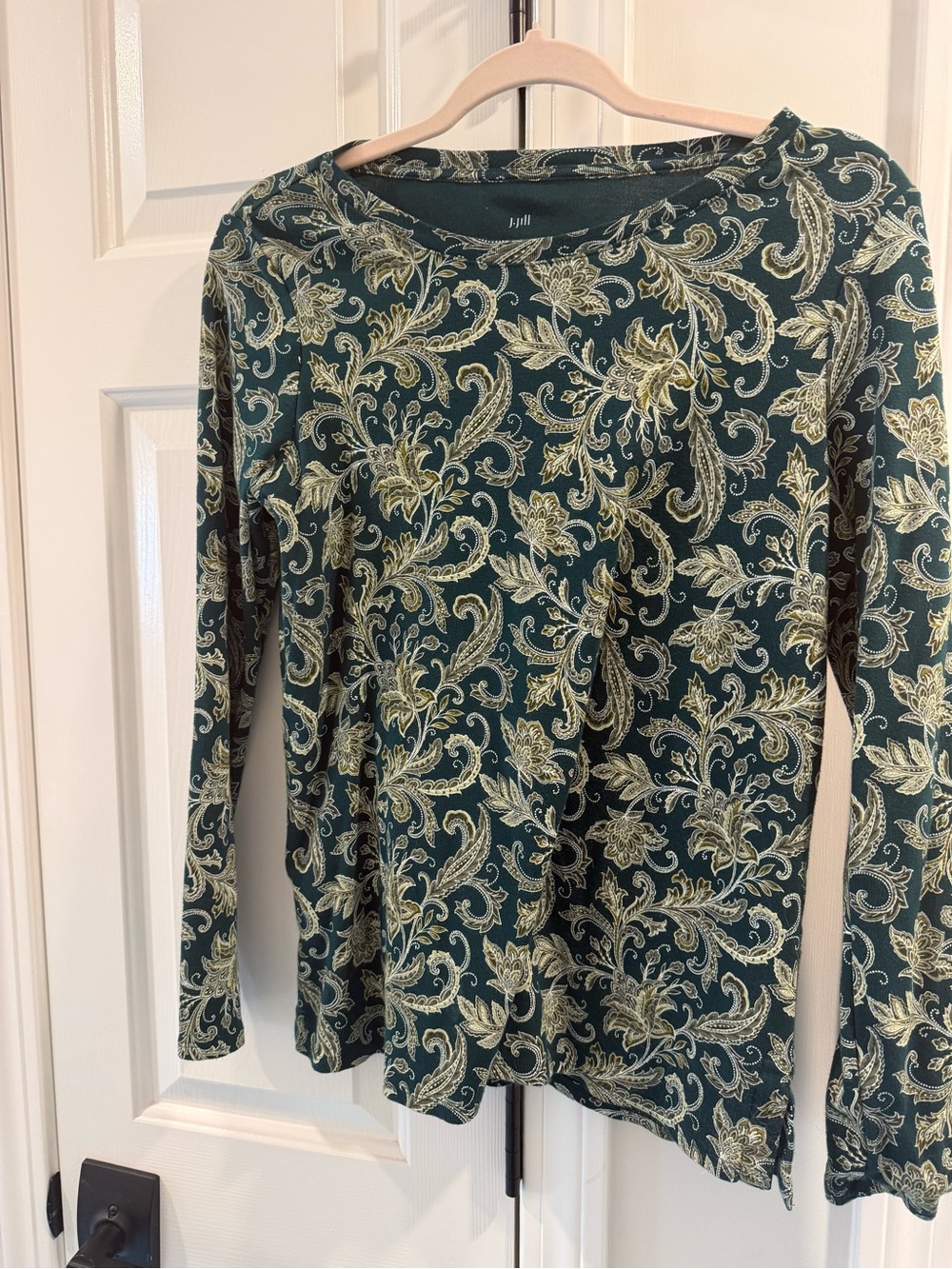 J. Jill Dark Green Paisley Long-Sleeve Pima crew neck tee